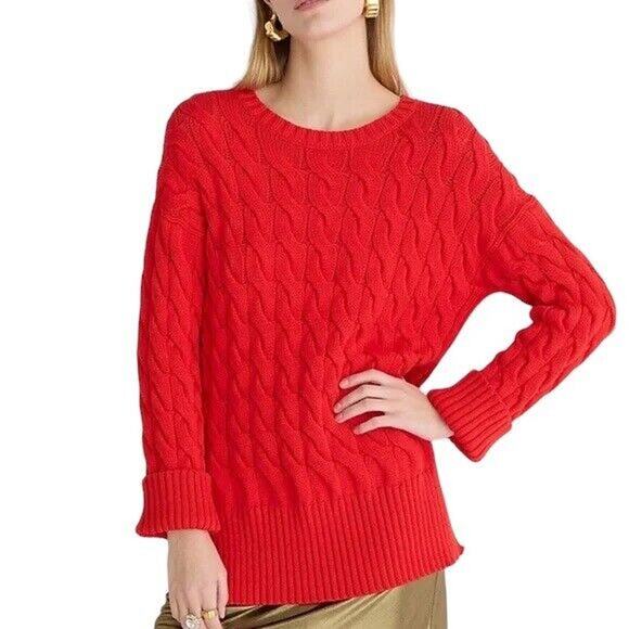 J. Crew Crewneck Sweater Red Cotton Blend cable Knit Side-Slit Size XS-S NWOT - Picture 1 of 10
